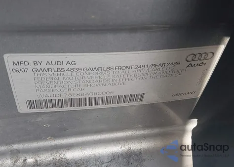 2008 Audi A4 2.0T z USA, uszkodzony, nr VIN WAUDF78E88A060006